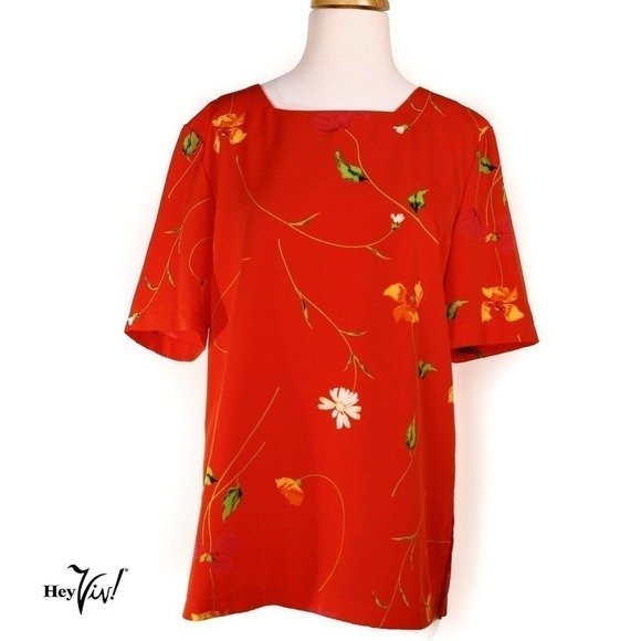 Maren Tops - Vintage Maren Blouse Top Colorful Flowers on Red Size Medium B40 W40 - Hey Viv